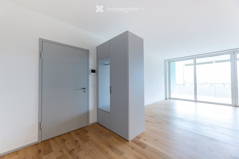 minimalistic interior with white walls and wooden floors, large glass door leading to balcony, wardrobe, door, empty room
