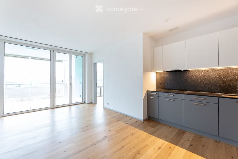 open plan kitchen and living room, wooden floor, sliding doors leading to balcony, white cabinets and granite countertops