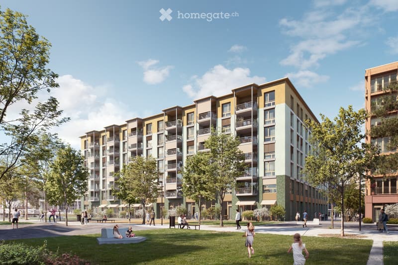 Multi-story residential building with balconies, surrounding greenery, and a spacious public area.
