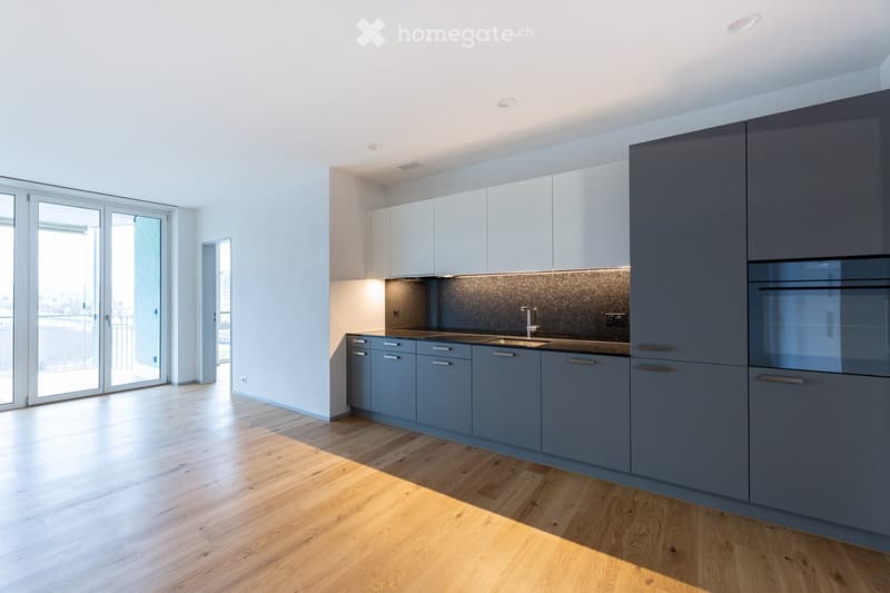 modern kitchen with large island, gray cabinets, double oven, sink, hardwood floor, large windows leading to balcony