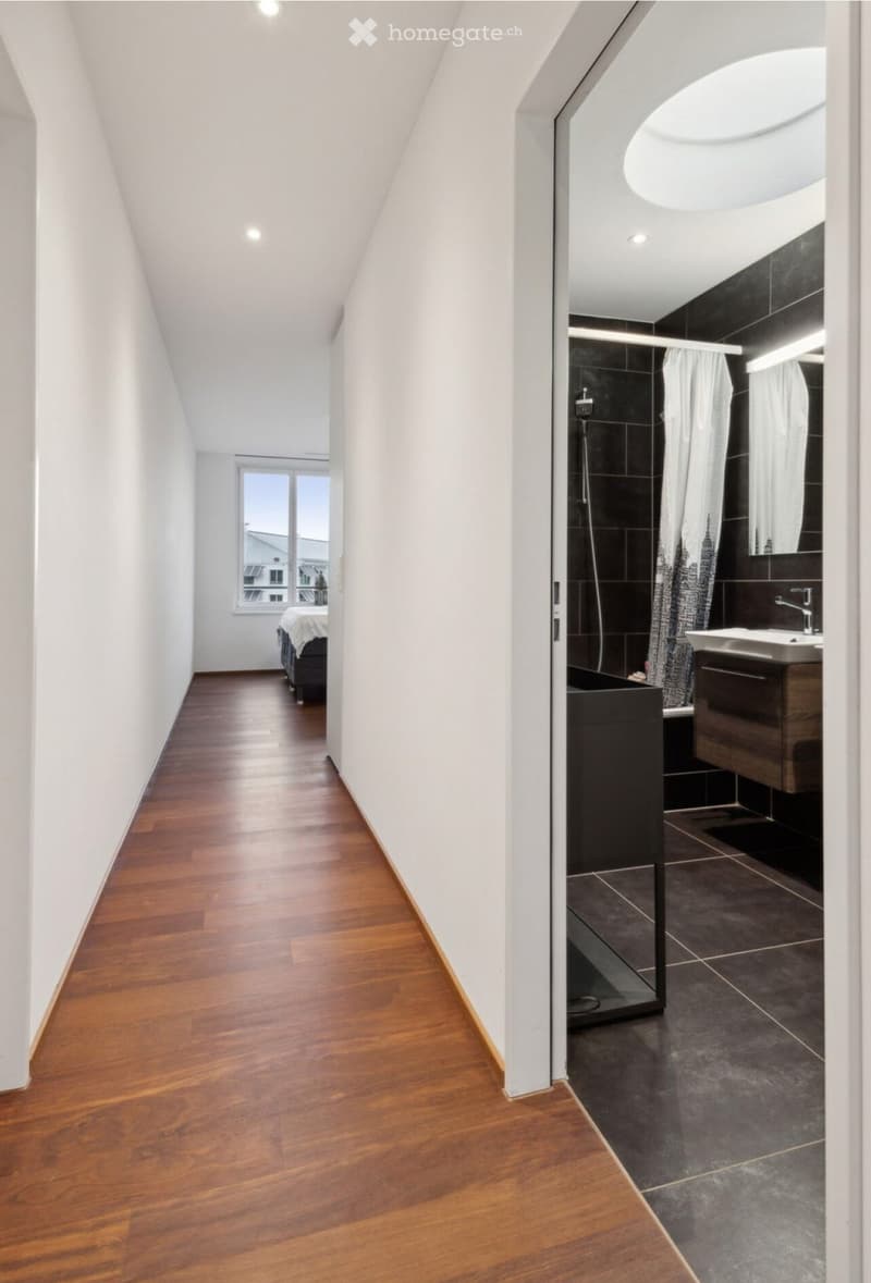 A narrow hallway with wooden flooring and white walls leads to a modern bathroom featuring dark tiles, a glass-enclosed shower, and a sink with a mirror.