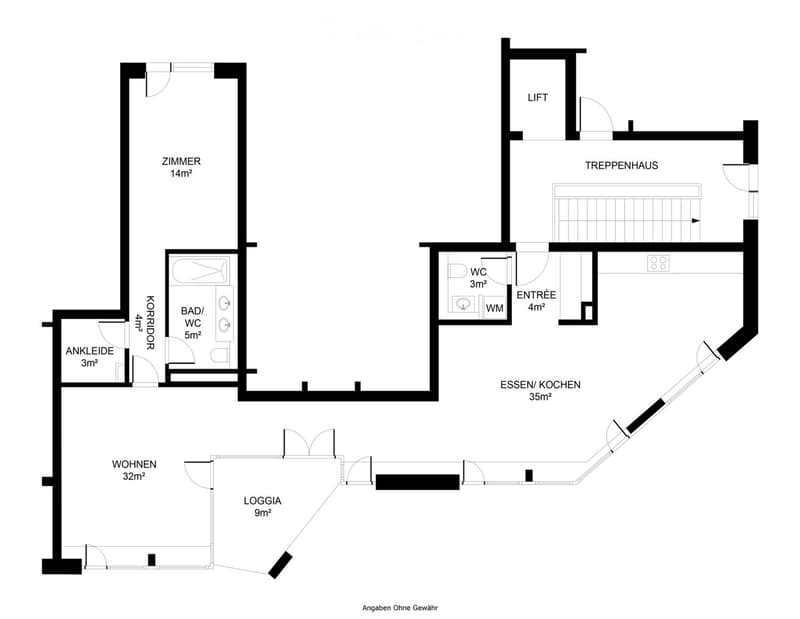 Floor plan of a 2-room apartment with a living area, bedroom, kitchen, bathroom, hallway, and loggia.