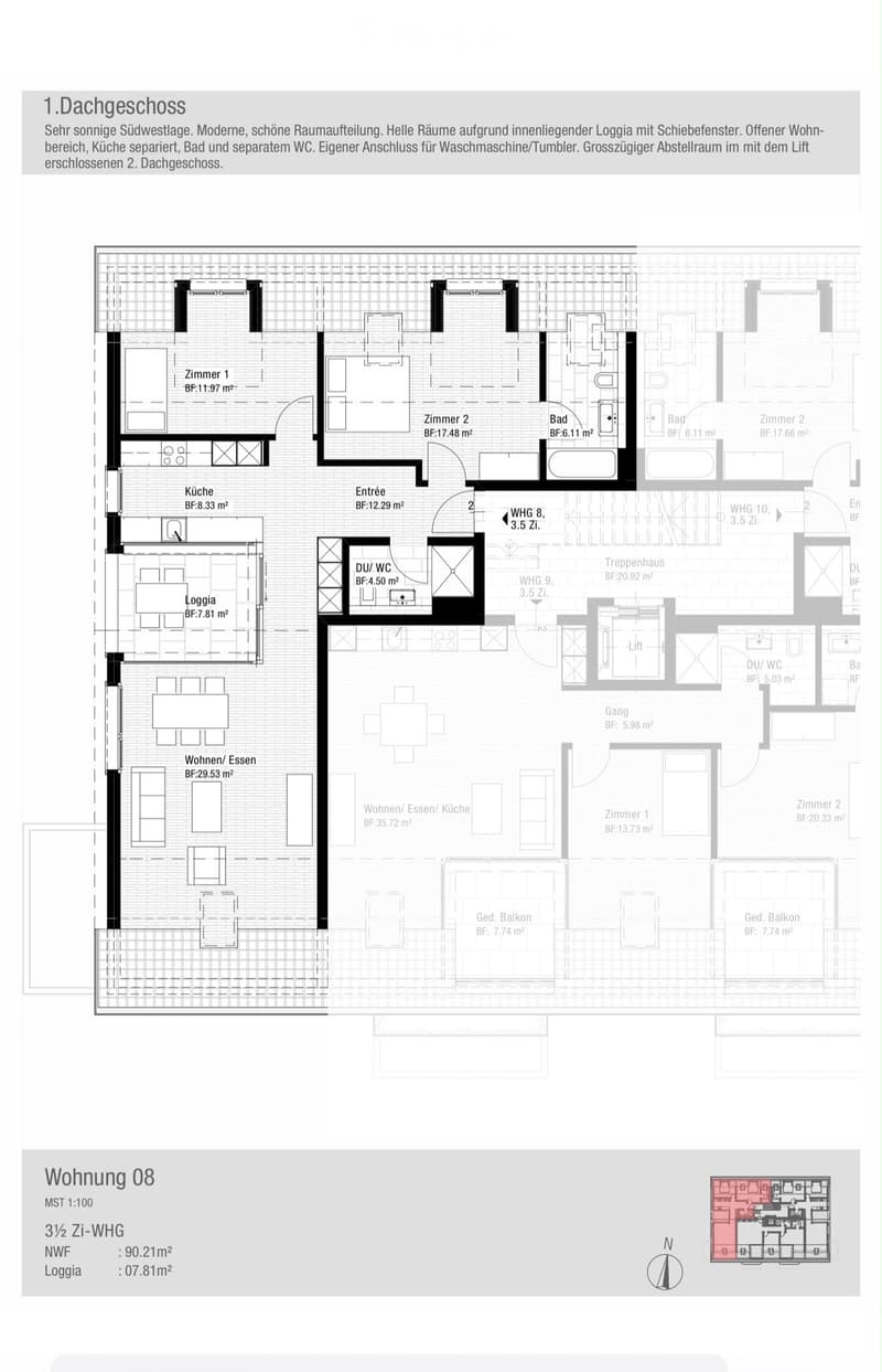 Floor plan of a 3.5-room apartment with a loggia, featuring rooms labeled as living/dining, kitchen, bedrooms, bathrooms, and a separate WC.