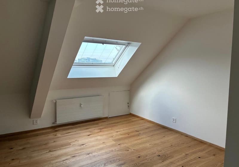 Empty attic room with wooden flooring, white walls, a radiator, and a skylight window.