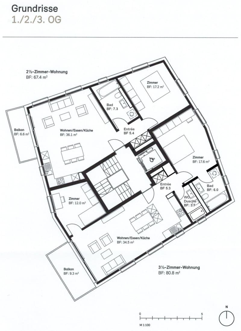 Floor plan of two apartments: 2.5-room and 3.5-room, each with living/dining/kitchen area, bedrooms, bathrooms, and balconies.