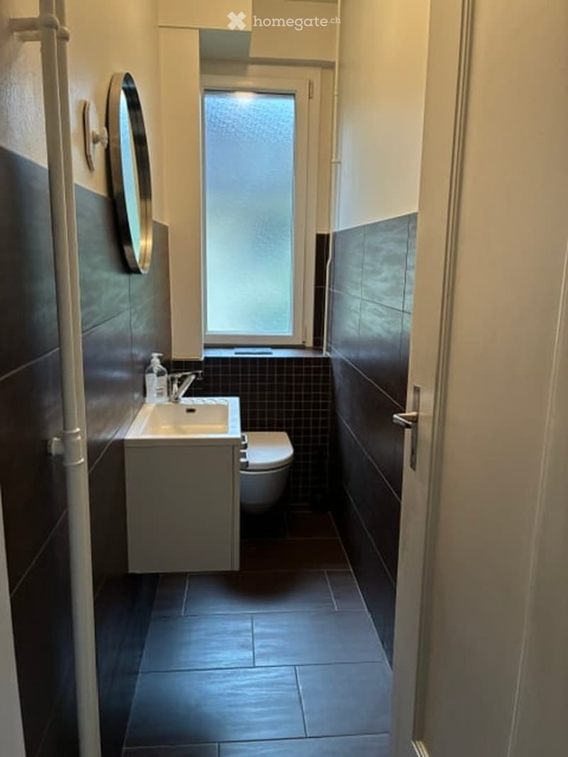 Modern bathroom with dark tiles, white sink, toilet, and a frosted window above the toilet.
