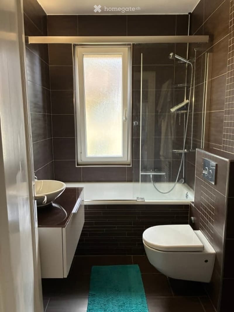 Modern bathroom with dark brown tiles, a bathtub, toilet, sink, and a glass-enclosed shower. Features a window for natural light and a green bath mat on the floor.