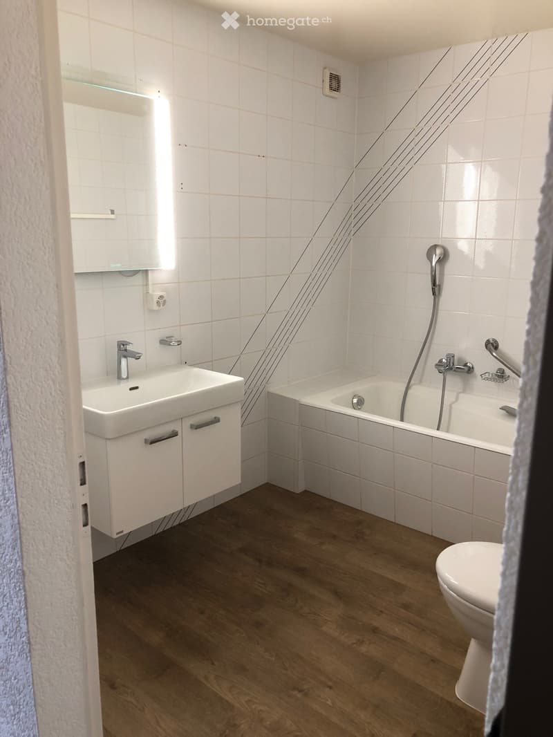 Modern bathroom with white tiles, a sink with a chrome faucet, a bathtub with a handheld shower, and a toilet. The walls are tiled in white with a geometric pattern, and the floor is wooden.