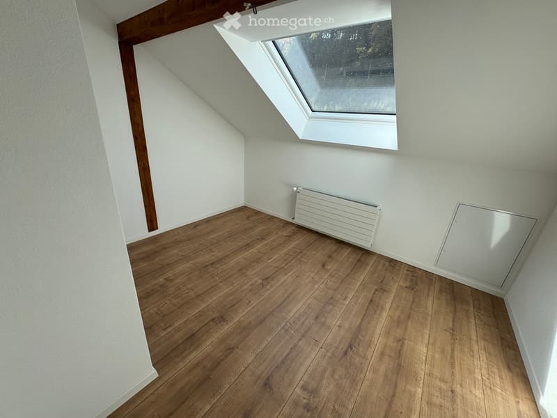 Empty attic room with wooden flooring, white walls, and a skylight window. Features a radiator and a small storage compartment.