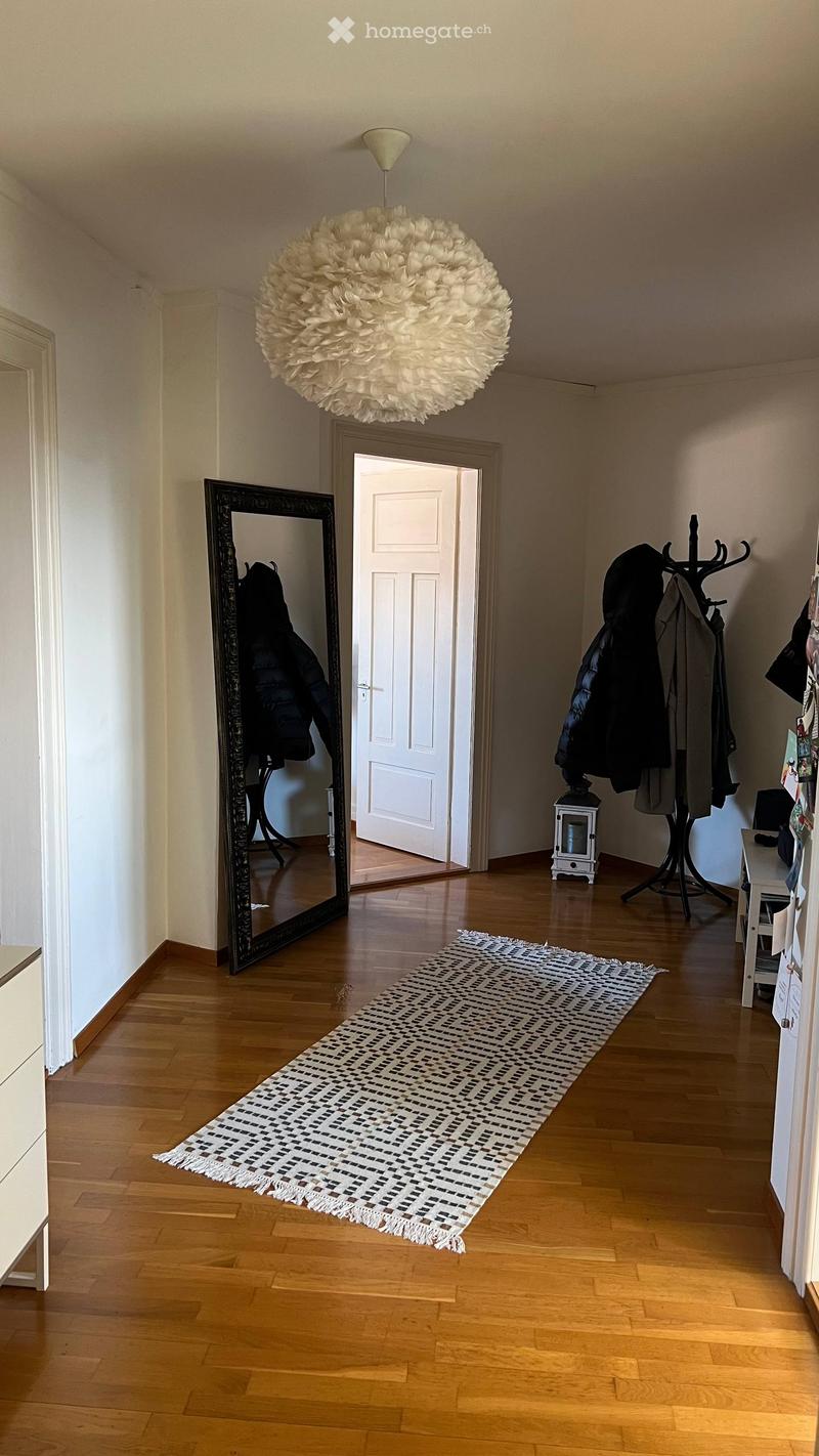A well-lit hallway with wooden flooring, a large round pendant light, a patterned runner rug, a coat rack with jackets, a mirror, and a small white lantern on the floor.