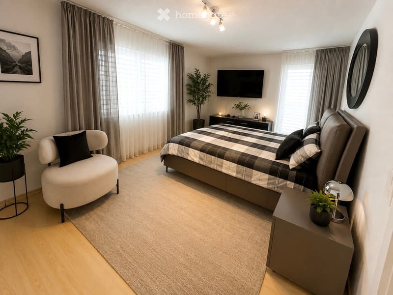 Modern bedroom with a large bed, nightstand, chair, television, and potted plants. The room features wooden flooring, large windows with curtains, and a sleek, contemporary design.