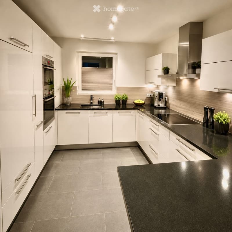 Modern kitchen with white cabinets, black countertops, stainless steel appliances, and a window with blinds. Includes an oven, sink, coffee maker, induction stove, and potted plants.