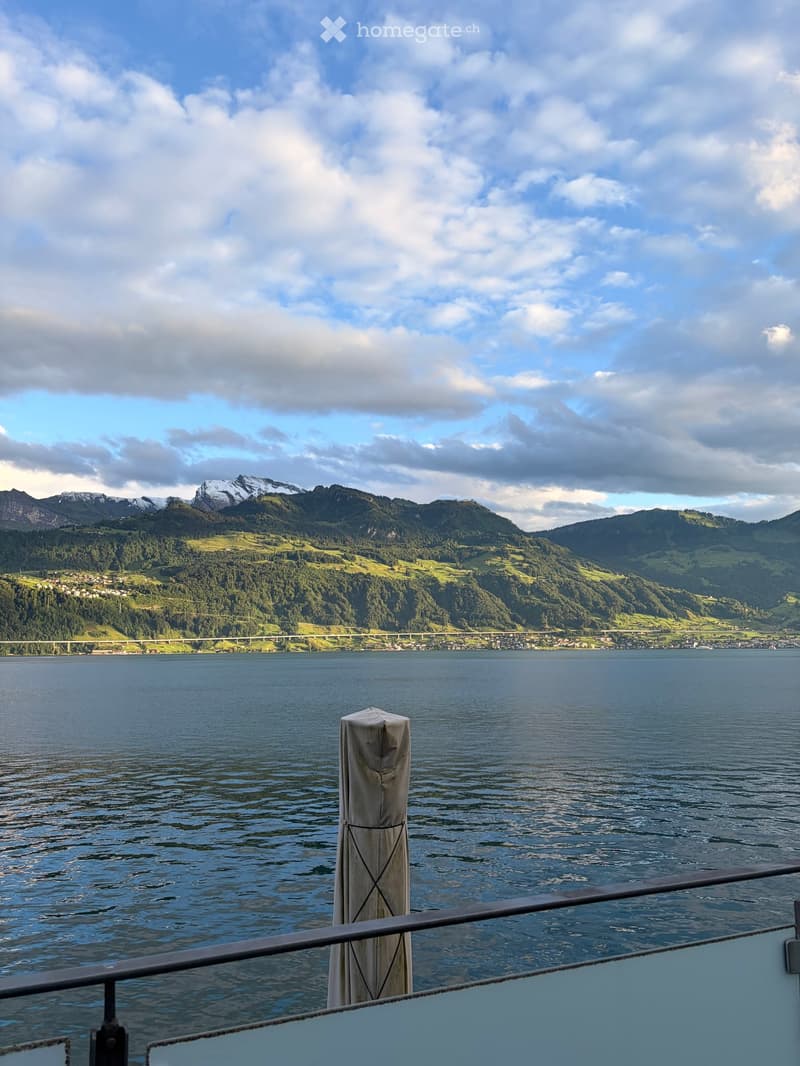 A scenic view of a lake with snow-capped mountains in the background, featuring a calm water surface and a distant town.