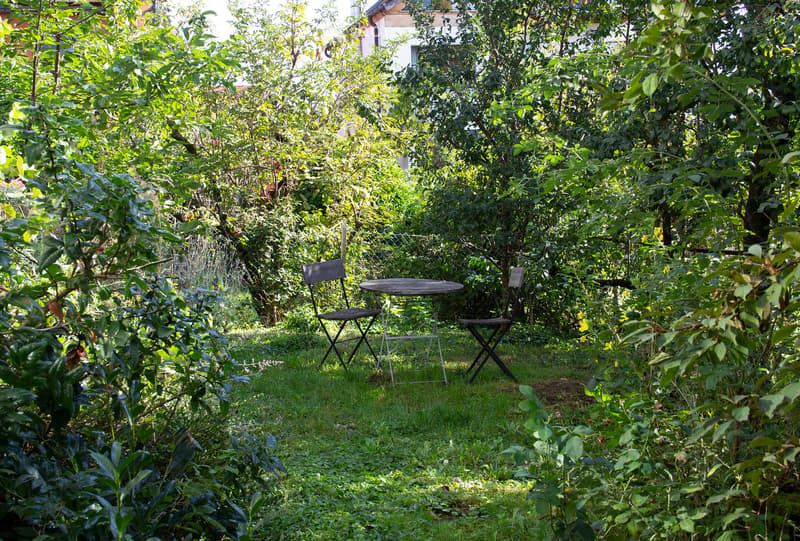 A lush garden with a small seating area featuring a round table and two chairs, surrounded by dense greenery and trees.