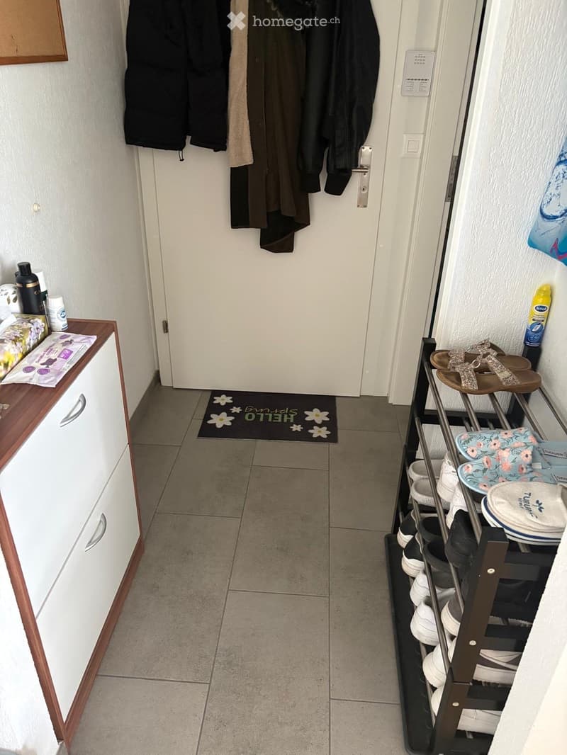 Hallway with tiled floor, white walls, coat rack with jackets, shoe rack with various shoes, small wooden shelf with items, doormat, and a door leading to another room.