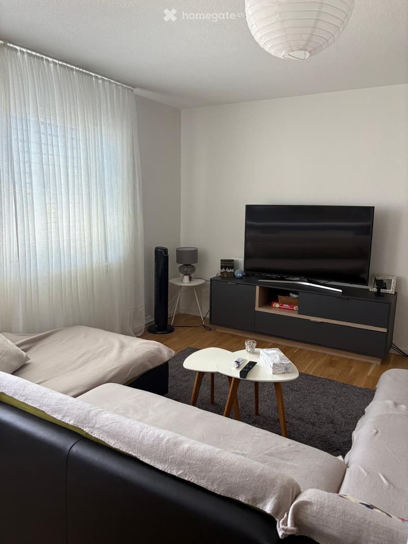 Modern living room with a grey sofa, coffee table, TV stand, and a small round table with a lamp and fan. The room features wooden flooring and large windows with white curtains.