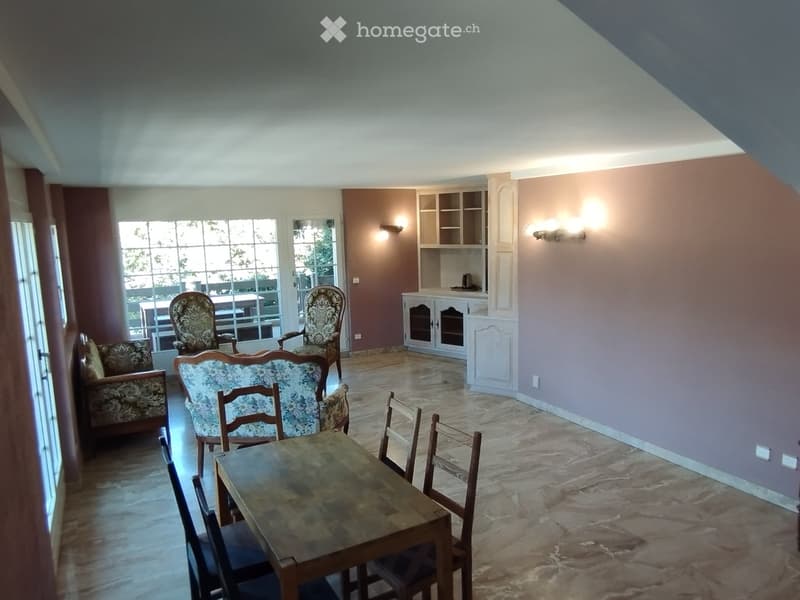 A spacious living and dining area with a mix of modern and traditional furniture, including a sofa, armchairs, a dining table with chairs, and a built-in cabinet.