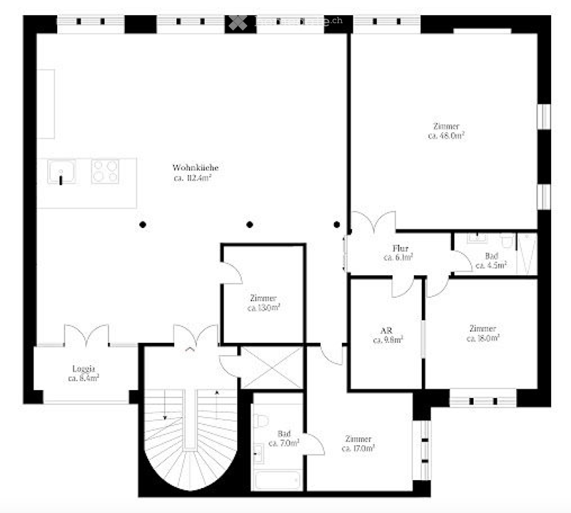 Floor plan of a modern apartment featuring a living-dining area, three bedrooms, two bathrooms, and a balcony.