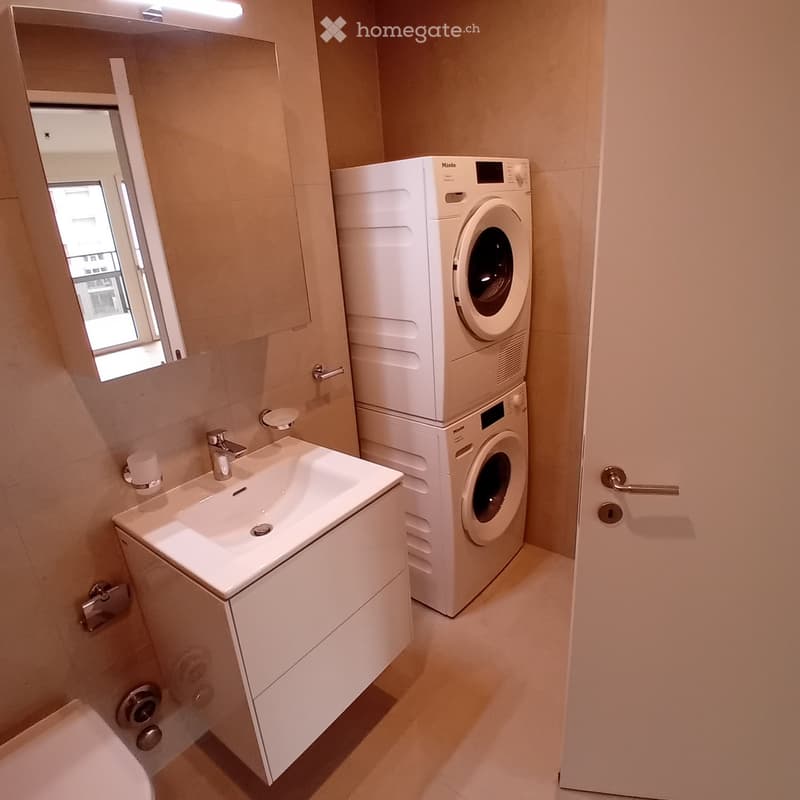 Modern bathroom with a white sink, mirror, and stacked washing machine/dryer unit.