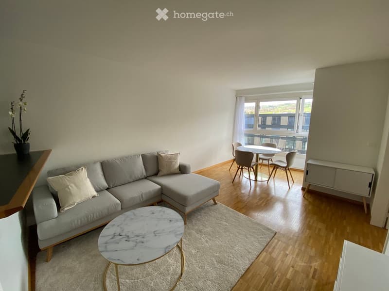 Modern living room with a grey sectional sofa, marble coffee table, dining area with chairs and table, and a view through large windows.