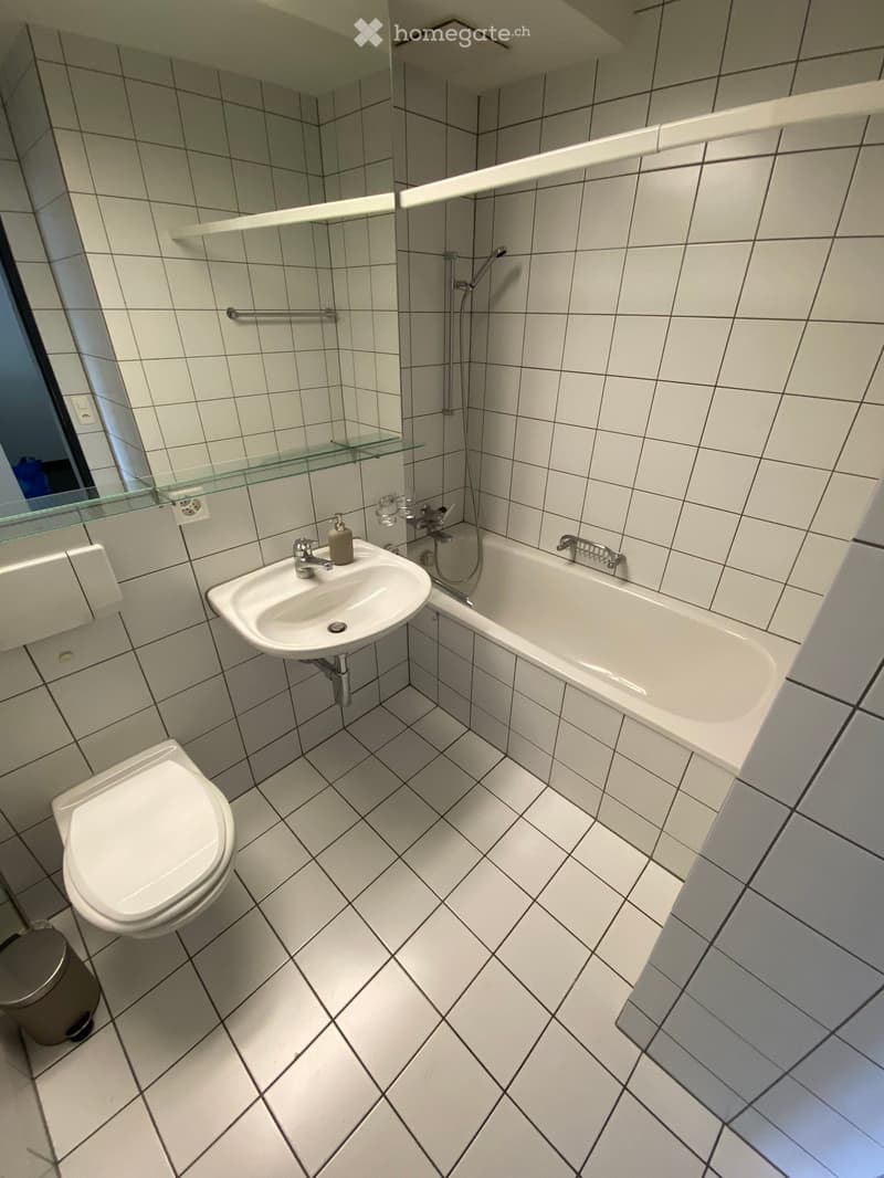 Modern bathroom with white tiled walls and floor, featuring a toilet, sink, bathtub, and glass shelf above the sink.