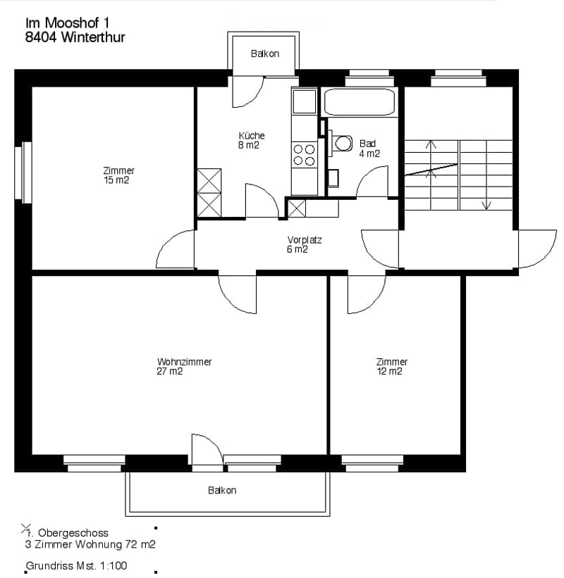 Floor plan of a 3-room apartment with 72 m2 total area, including living room, kitchen, 2 bedrooms, bathroom, and balcony.