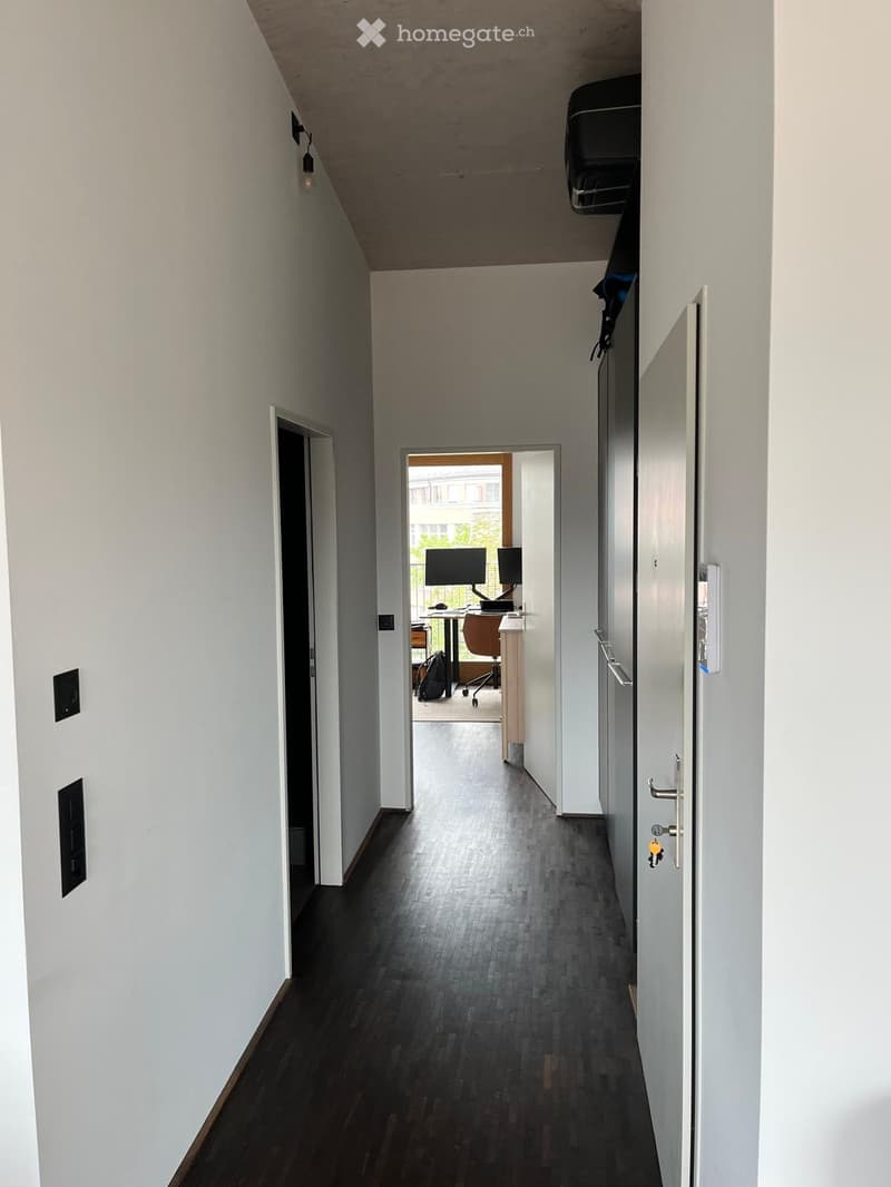 A modern hallway with white walls, dark wooden flooring, and several doors leading to different rooms. A small office area is visible at the end of the hallway with a desk, chairs, and a computer setup.
