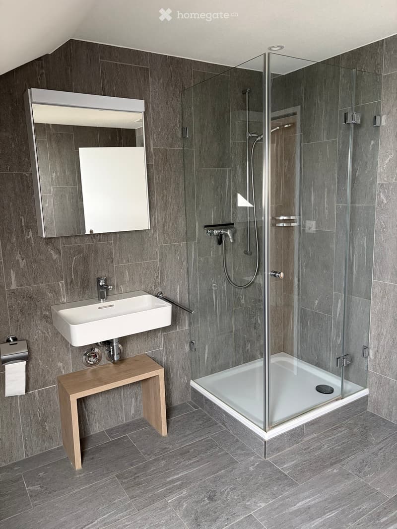 Modern bathroom with grey tiled walls and floor, white sink, wooden shelf, large mirror, and glass-enclosed shower with modern fixtures.