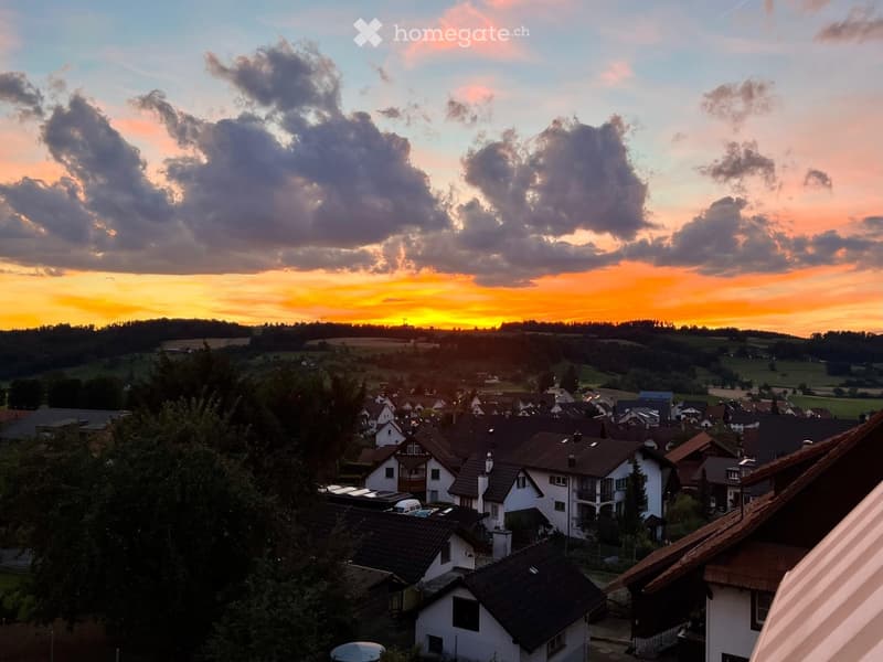 Residential neighborhood with houses, trees, and a sunset sky.