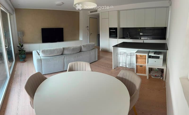 Open-plan living and dining area with a grey sofa, round dining table with chairs, kitchen area with cabinets, countertop, and appliances.