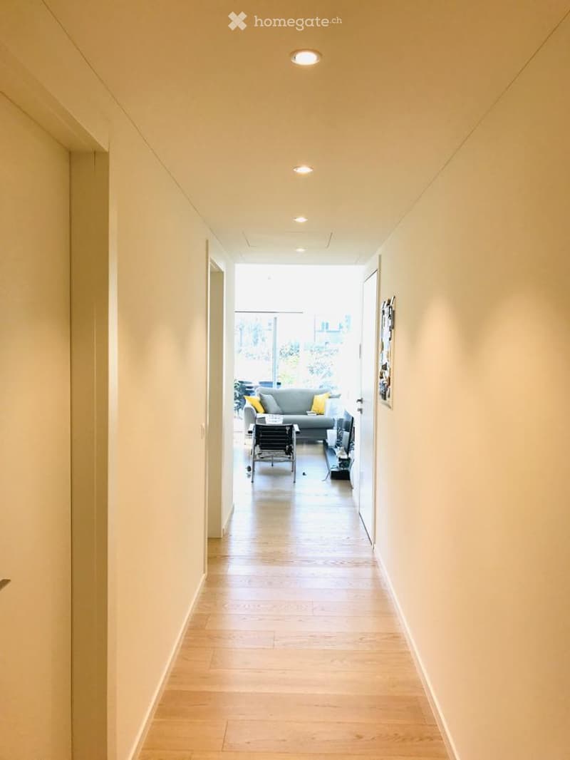Bright hallway with wooden flooring, recessed ceiling lights, and a view into a living area with a sofa and coffee table.
