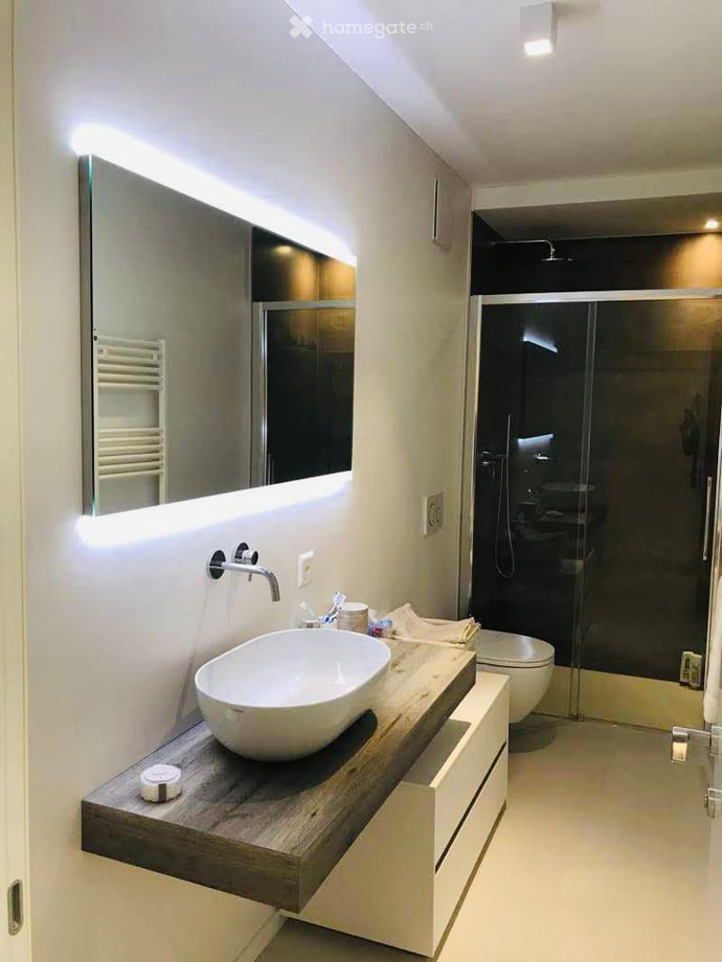 Modern bathroom with a sleek wooden vanity, a large round sink, a mirror with built-in lighting, and a glass-enclosed shower area.