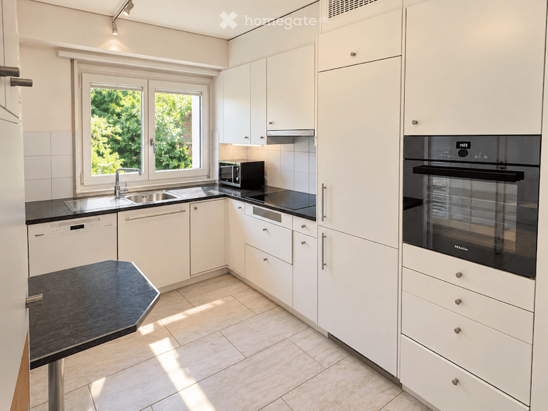 Modern kitchen with white cabinets, black countertops, stainless steel appliances, and a window overlooking greenery.