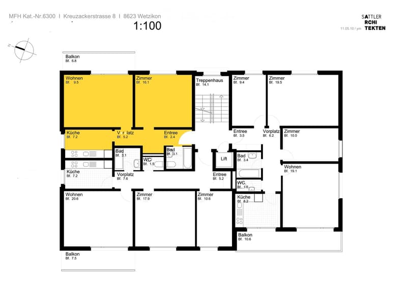 Floor plan of a multi-room apartment with labeled rooms including living areas, bedrooms, bathrooms, kitchen, and balconies.