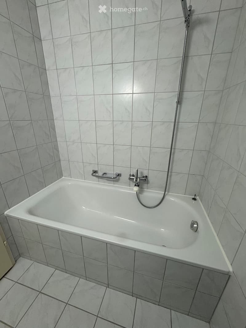 Bathtub with a modern faucet and handheld shower hose, surrounded by tiled walls and floor.