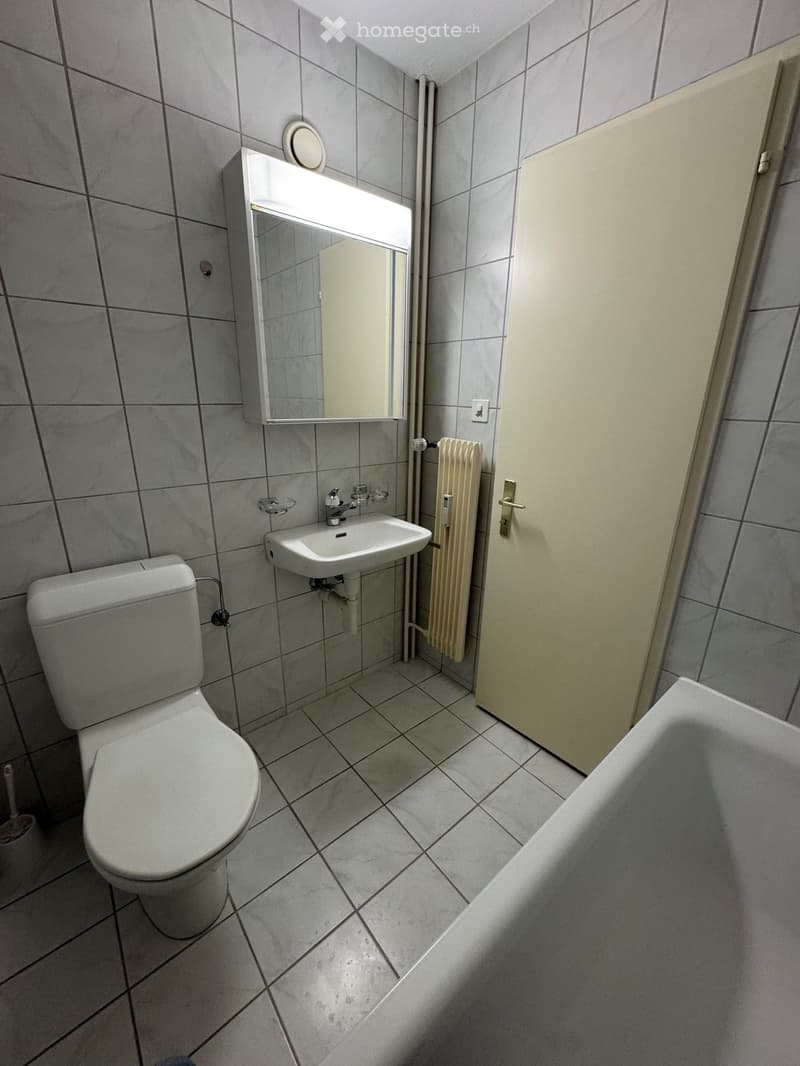 Modern bathroom with white tiles, a toilet, a sink, a bathtub, a mirror, and a radiator.
