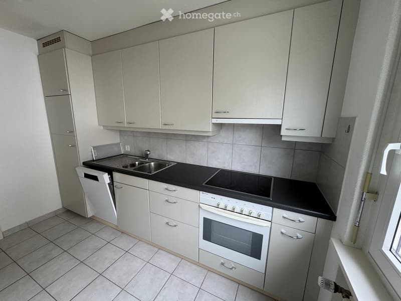 Modern kitchen with white cabinets, black countertops, stainless steel sink, electric stove, and built-in oven and dishwasher.