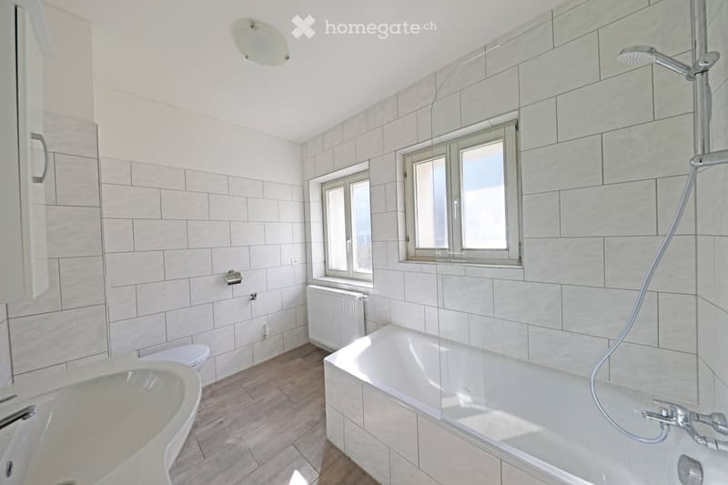 bathroom with bathtub, shower, toilet, sink, tiles, radiator, windows