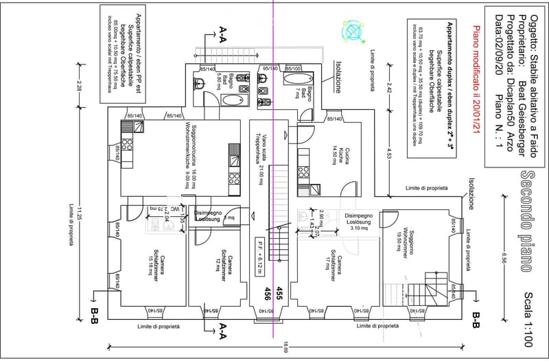 Layout of a modified 2012 apartment with a living room, two bedrooms, a kitchen, a dining room, and two bathrooms. It includes two balconies.