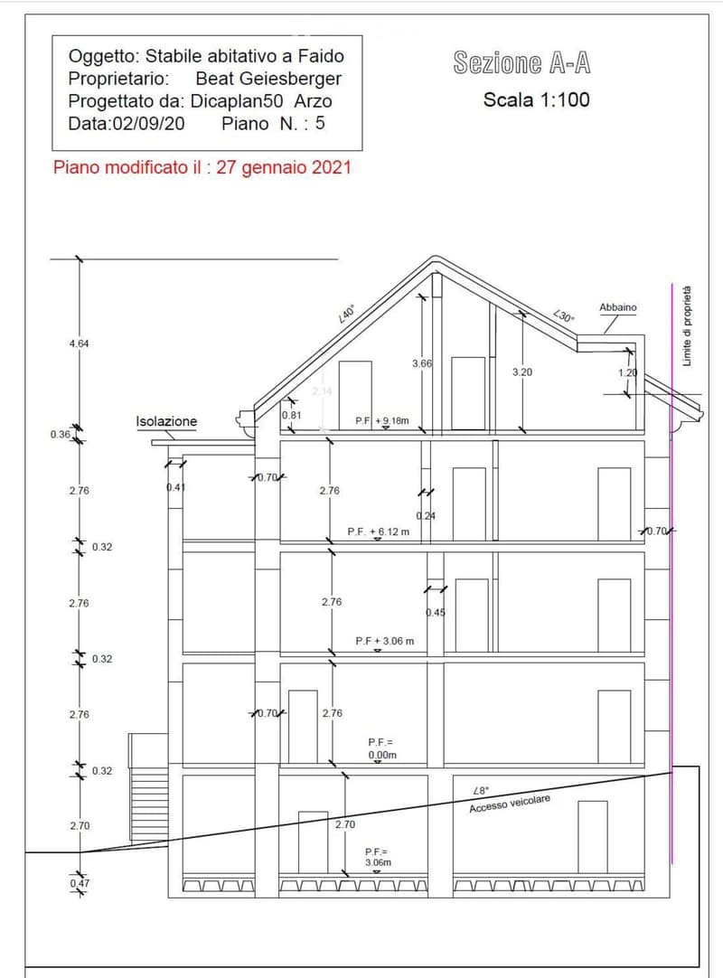 Floor plan of a residential building, showing multiple rooms, dimensions, and structural details. Includes labels for isolation, access, and property boundaries.
