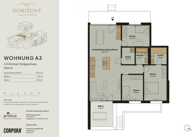 Floor plan of a 4.5-room apartment on the ground floor, including entrance/living/dining/kitchen area, three bedrooms, bathroom, and balcony.