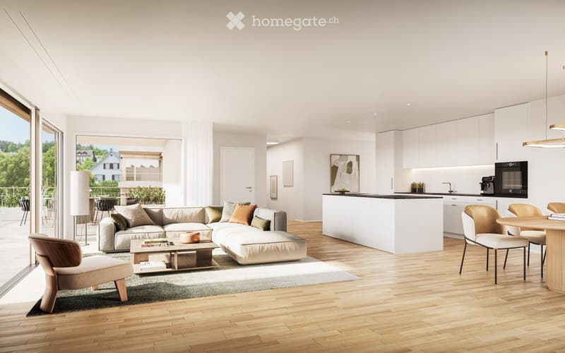 Modern open-plan living and dining area with a grey sectional sofa, coffee table, armchair, dining table with chairs, and a white kitchen island with cabinets and appliances.
