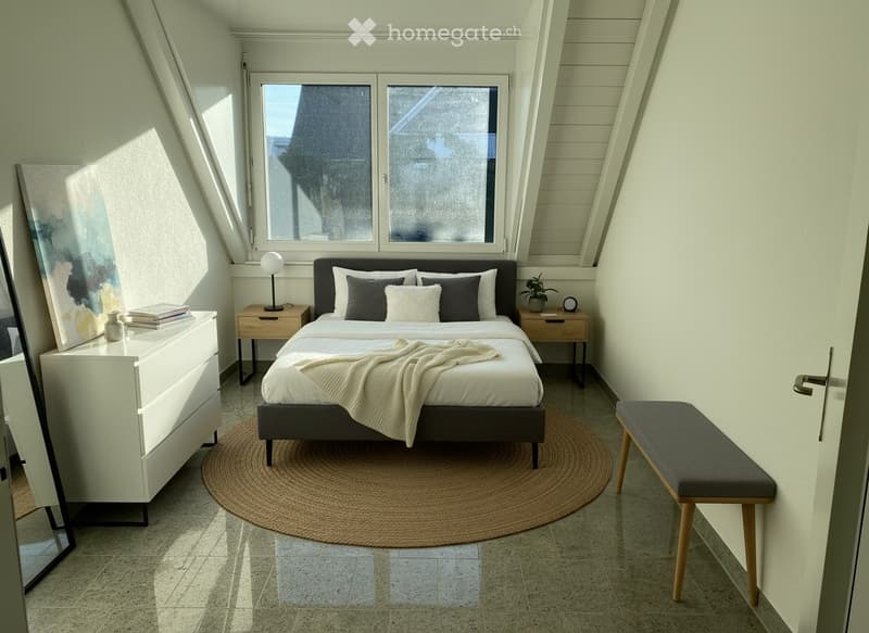 Modern bedroom with a large bed, nightstands, a bench, and a round jute rug. The room features large windows, a mirror, and a picture frame on the wall.
