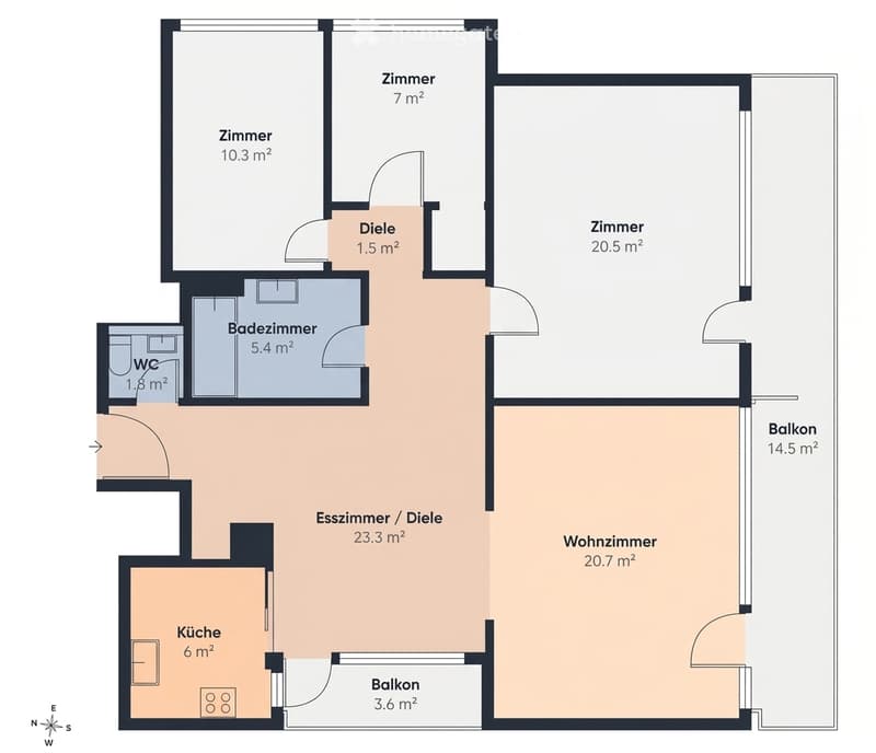 Floor plan of a 2-room apartment with a living room, dining area, kitchen, two bedrooms, bathroom, and two balconies.