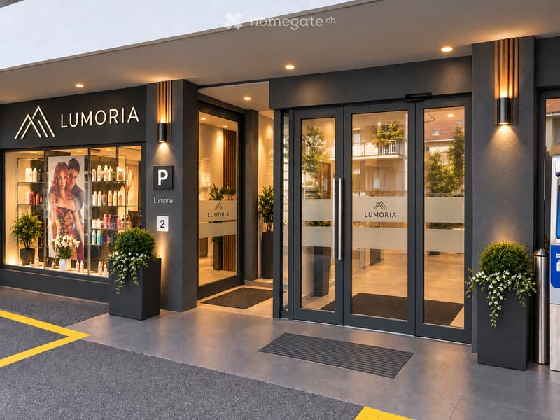 Modern storefront of "LUMORIA" with glass doors, illuminated signage, potted plants, and a parking sign.