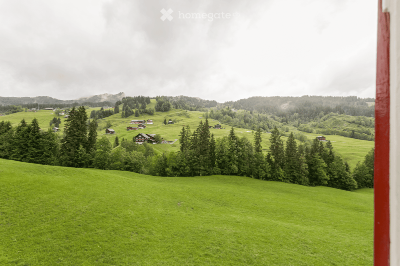 A panoramic view of a lush green valley with scattered houses, surrounded by dense forests and rolling hills under a cloudy sky.