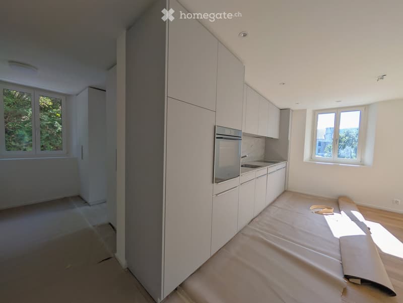 Modern kitchen with white cabinets, stainless steel oven, and sink, featuring large windows and wooden flooring.