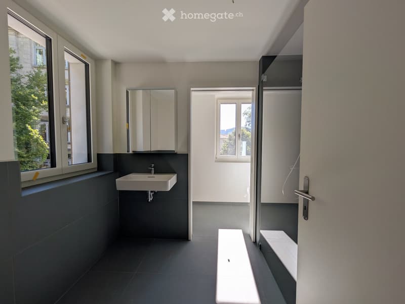 Modern bathroom with a white sink, mirrored cabinet, and large windows providing natural light. Dark grey tiles on walls and floor.