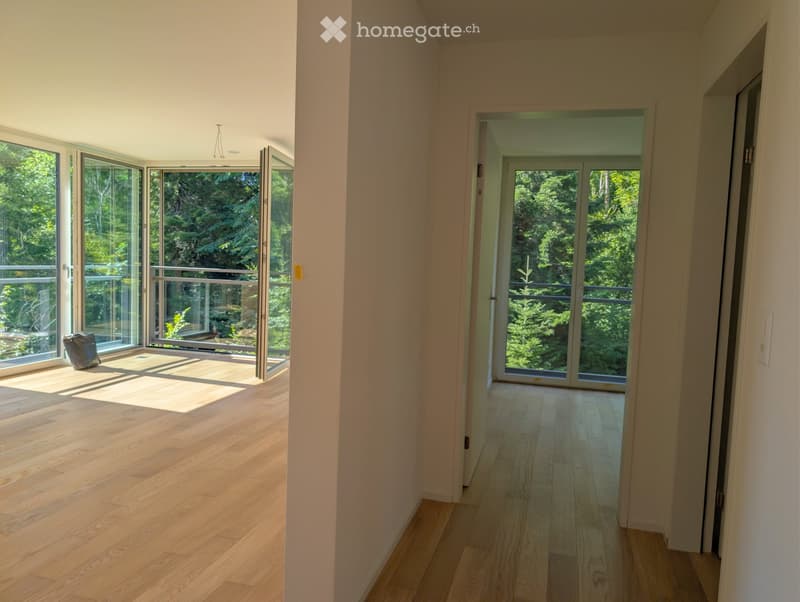 Bright, open hallway with light wooden flooring, large glass doors leading to a balcony area with outdoor views.