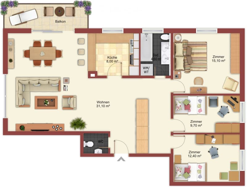 Floor plan of a 3-room apartment with a living area, kitchen, two bedrooms, and a bathroom. Includes a balcony and WC.